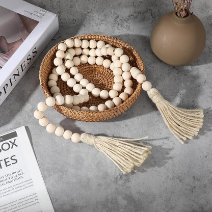 34in Farmhouse Wood Beads Garland with Tassels, Decorative Bead Home Decor Wooden Beads Garland Country Room Hanging for Wood Entryway Table, Shelf, Tray, Curtain Decor (Beige)