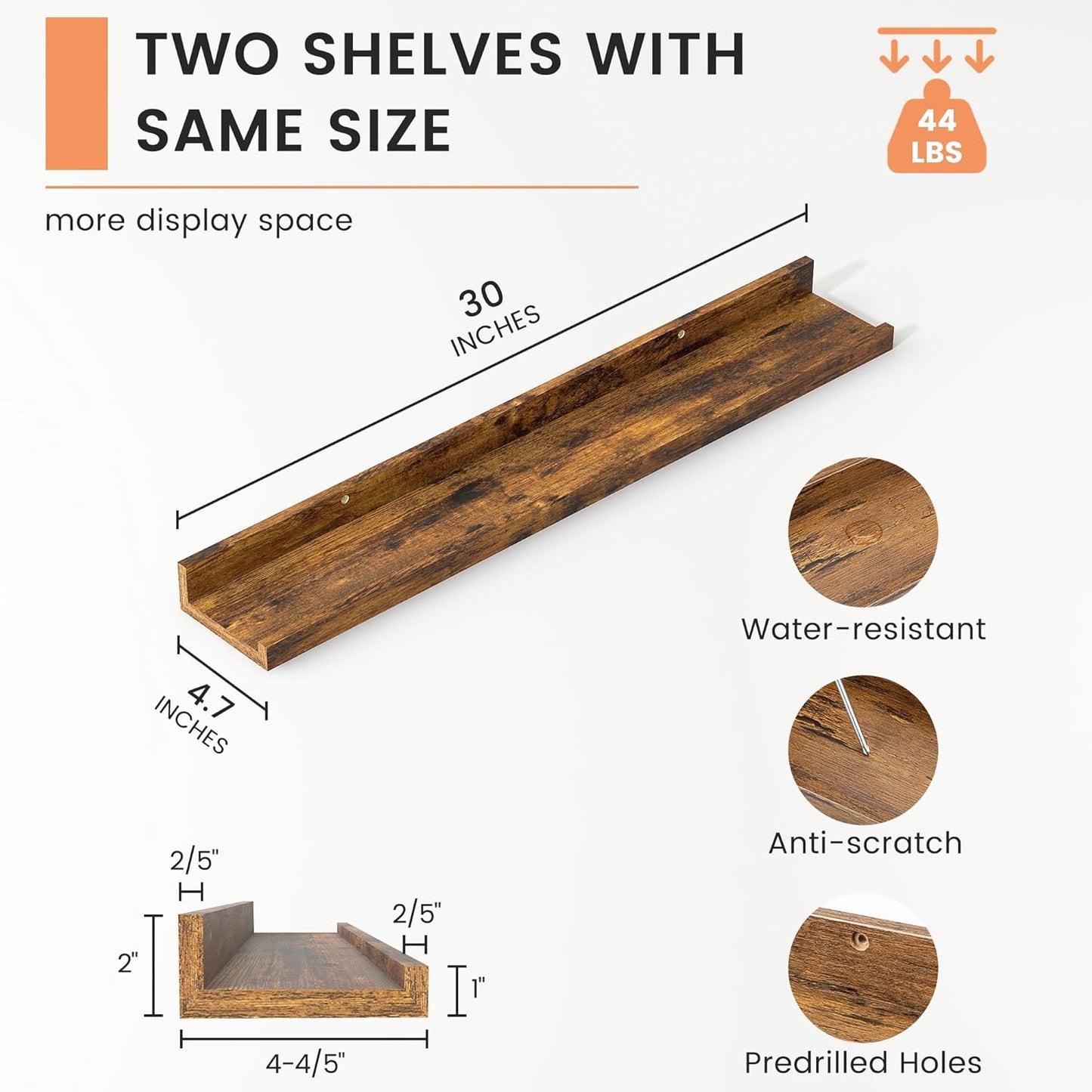 FLYJOE Picture Ledge Shelf, Floating Shelves Set of 2, 48 Inches Long Large Nursery Book Shelves for Toys Storage, Kids Bookshelf Wall Mounted for Living Room Bedroom Decor Books Photo Frames, Walnut