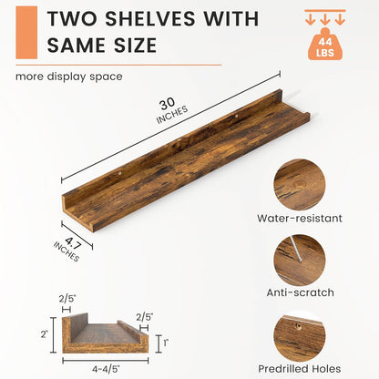 FLYJOE Picture Ledge Shelf, Floating Shelves Set of 2, 48 Inches Long Large Nursery Book Shelves for Toys Storage, Kids Bookshelf Wall Mounted for Living Room Bedroom Decor Books Photo Frames, Walnut