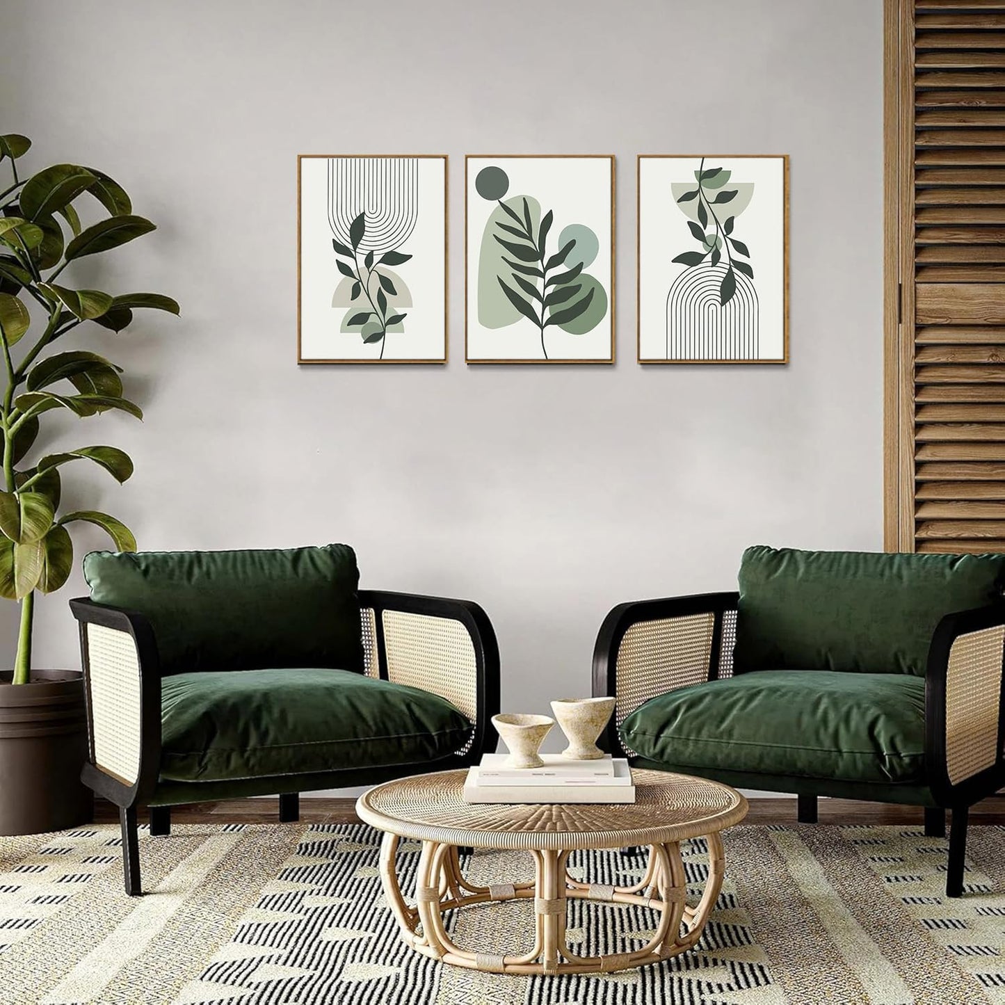 Bwodke Boho Wall Art, Framed Abstract Wall Art, Green Botanical Neutral Canvas Wall Decor, Large Mid Century Plant Pictures Set of 3, Modern Minimalist Paintings, for Bedroom Living Room Bathroom