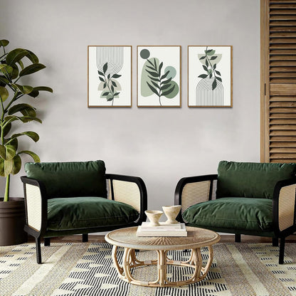 Bwodke Boho Wall Art, Framed Abstract Wall Art, Green Botanical Neutral Canvas Wall Decor, Large Mid Century Plant Pictures Set of 3, Modern Minimalist Paintings, for Bedroom Living Room Bathroom