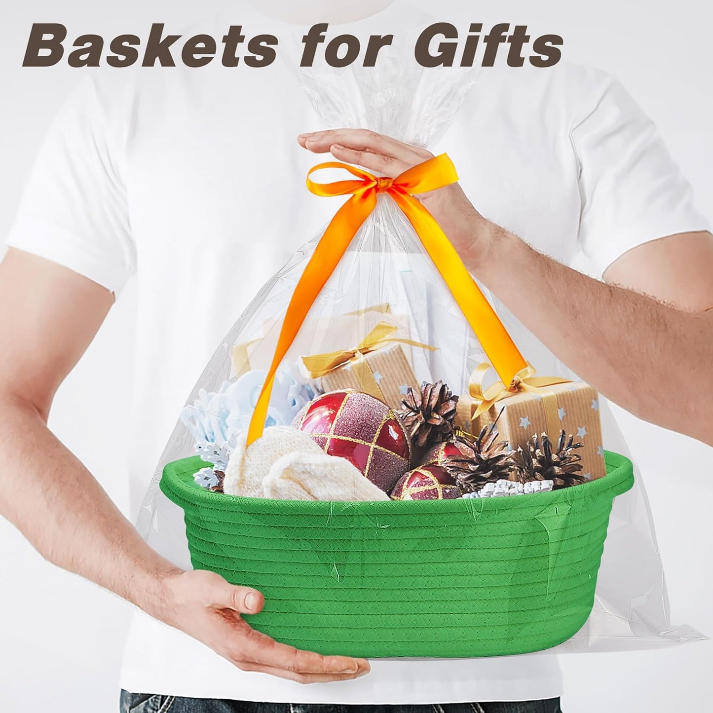 Pro Goleem Small Woven Basket with Gift Bags and Ribbons Durable Baskets for Mothers Day Gifts Empty Small Rope Basket for Storage 12"X 8" X 5" Baby Toy Baskets with Handles, White