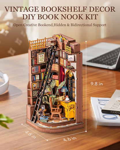 Rolife DIY Book Nook Kit Silent Corner Study, 3D Puzzles Creative British Bookend Bookshelf Decor for Adults, Tiny House Miniature Kits Model Building Kits, DIY Crafts/Gifts for Teens & Book Lovers