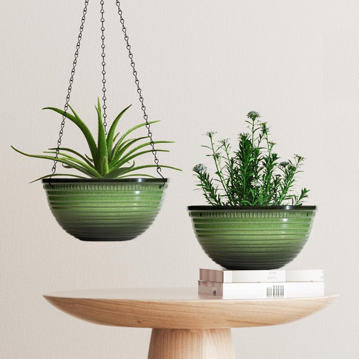 Vanslogreen 2 Pack Hanging Planters for Indoor Outdoor Plants, 10 Inch Hanging Planter with Drainage Hole & Plug Glazed Hanging Baskets Flower Pots for Garden Home (Blue)