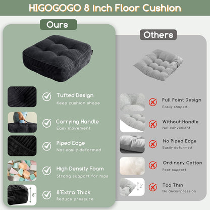 HIGOGOGO 6" Extra Thick Floor Pillow Cushion for Adults, Meditation Cushion Pillow, Large Square Floor Sitting, Tufted Corduroy Cover, for Tatami Living Room or Yoga, 22x22 Inch, 2Pack, Dark Grey