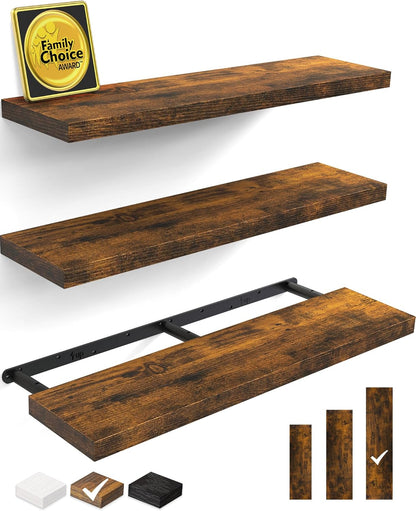 BAYKA Floating Shelves for Wall, Set of 3, Wall Mounted Rustic Wood Shelves for Bathroom, Bedroom, Living Room, Kitchen, Small Hanging Shelf for Books/Storage/Room Decor, Walnut-Like, 15.7in