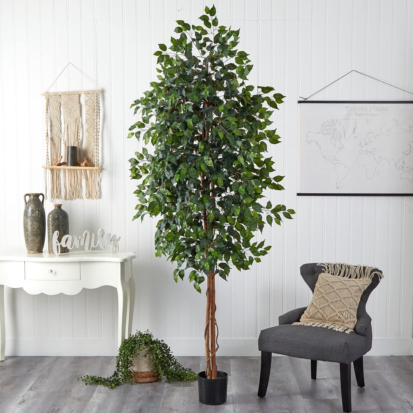 Nearly Natural 4ft Triple Trunk Ficus Silk Tree with Natural Wood Trunks and Dense Foliage, Mid-Size Faux Floor Plant for Home and Office