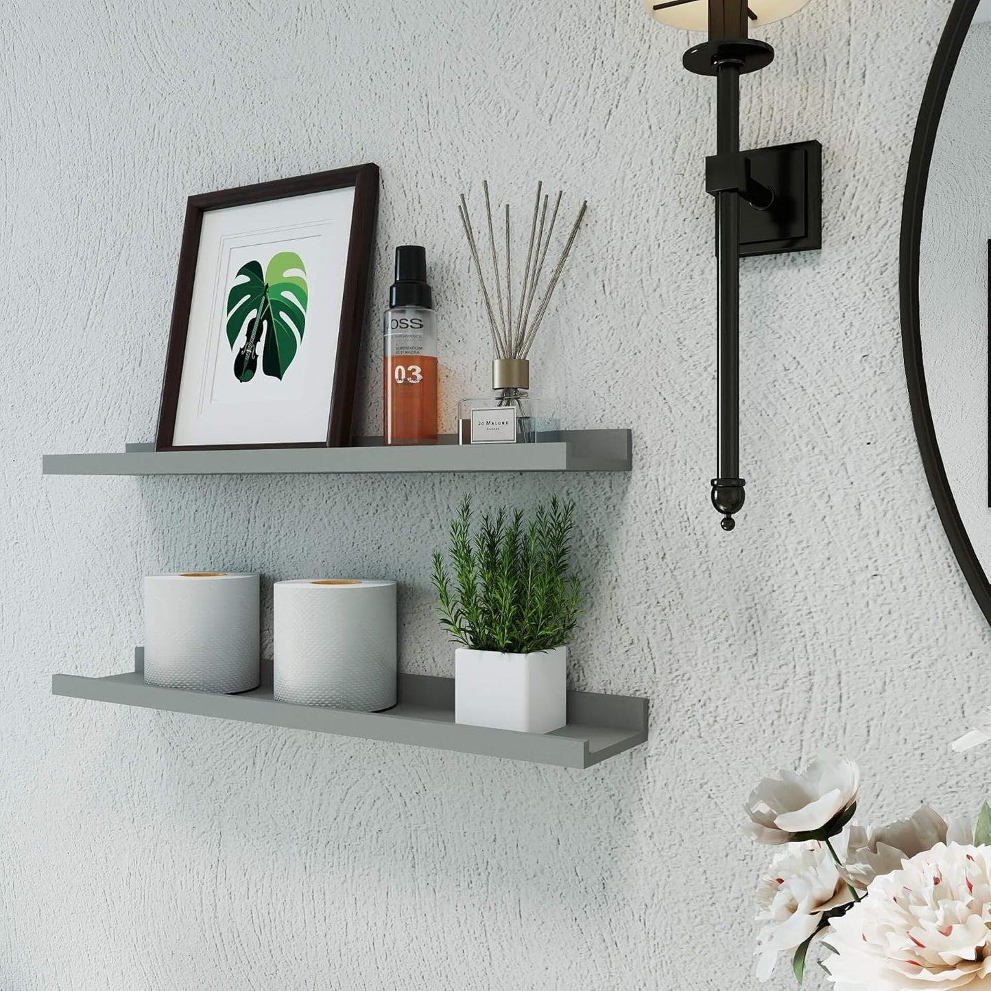 White Floating Shelves for Wall Decor, Wall Mounted Wood Storage Shelf for Bedroom, Living Room, Bathroom, Kitchen, Nursery, Display Picture Ledge Shelf with Lip Set of 2-14 Inches, White