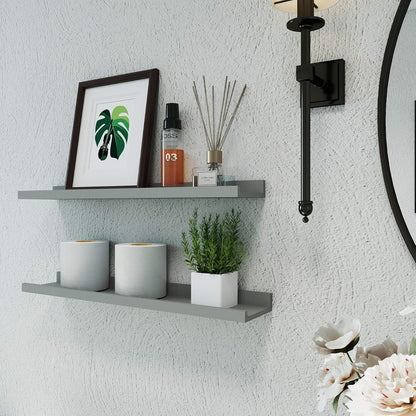White Floating Shelves for Wall Decor, Wall Mounted Wood Storage Shelf for Bedroom, Living Room, Bathroom, Kitchen, Nursery, Display Picture Ledge Shelf with Lip Set of 2-14 Inches, White