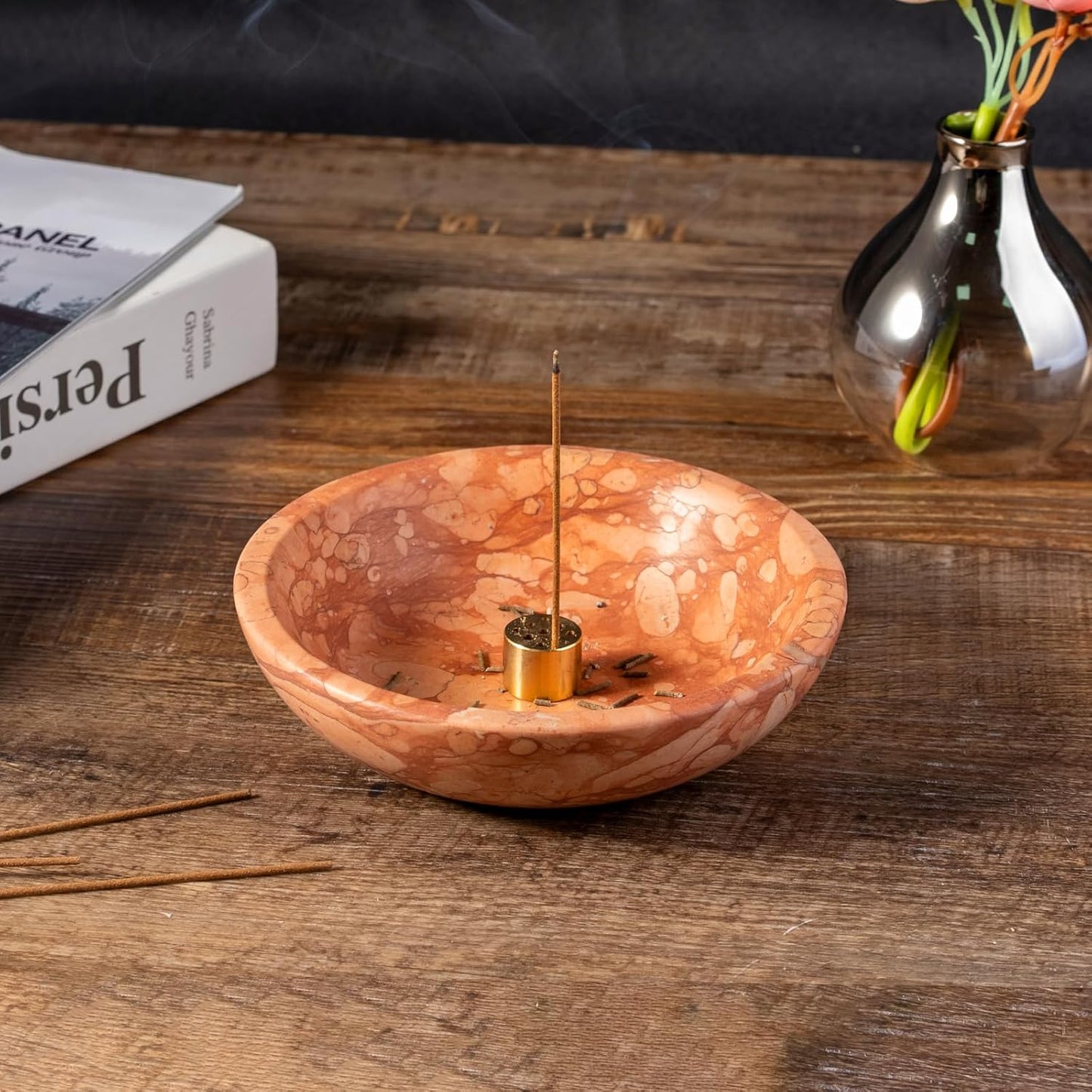 Koville Natural Marble Incense Holder, Incense Holder for Sticks with 9 Holes, Handmade Incense Burner Ash Catcher for Meditation Yoga SPA, Balsam Fir/Palo Santo/Sage/Cone (Green)