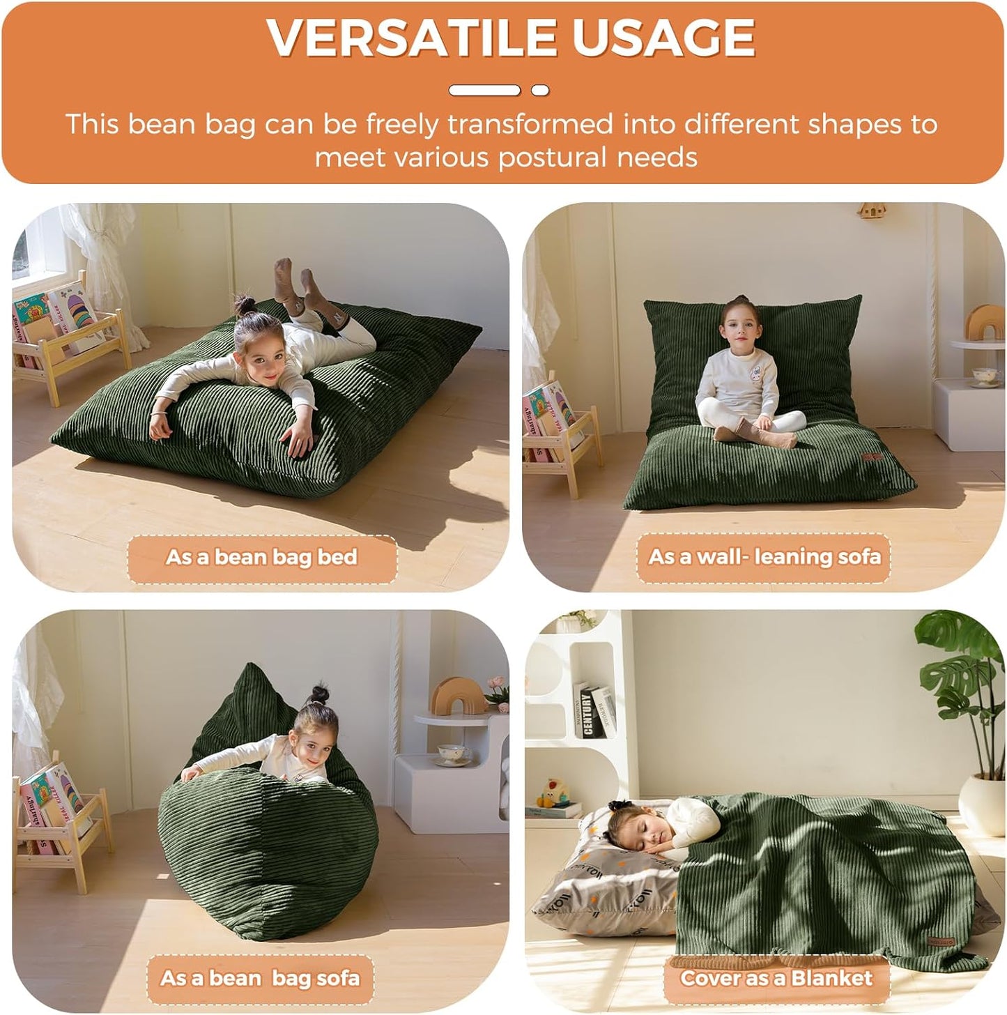 MAXYOYO 3 in 1 Kids Bean Bag Chair Couch, Convertible Chair Folds from Bean Bag to Lounger, Child Floor Sofa for Gaming, Reading, Floor Mattress with High-Density Foam Filling