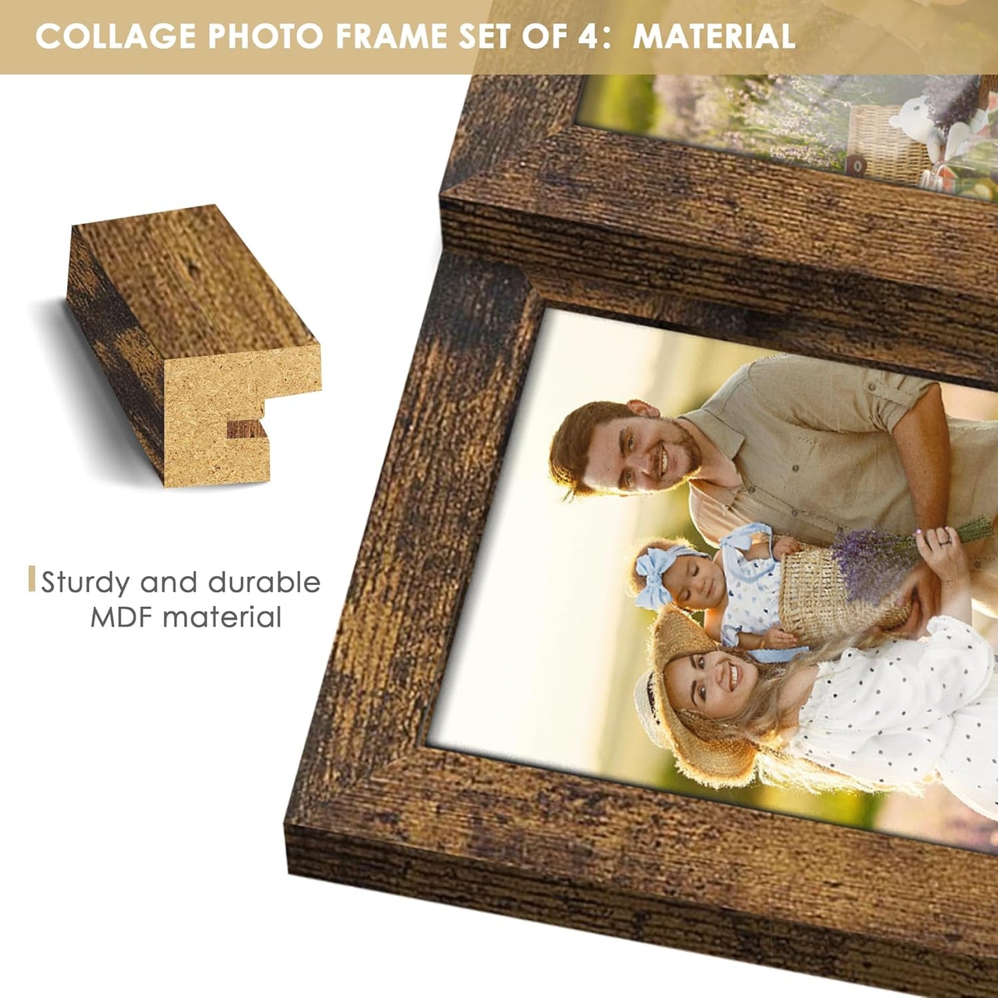 DUENPY 4x6 Collage Picture Frame Tempered Glass Front, Displays Four 4x6 Photo, Family Photo Collage Frame, Wall Decor Wall Hanging or Tabletop, Brown