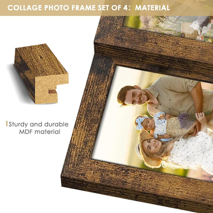 DUENPY 4x6 Collage Picture Frame Tempered Glass Front, Displays Four 4x6 Photo, Family Photo Collage Frame, Wall Decor Wall Hanging or Tabletop, Brown