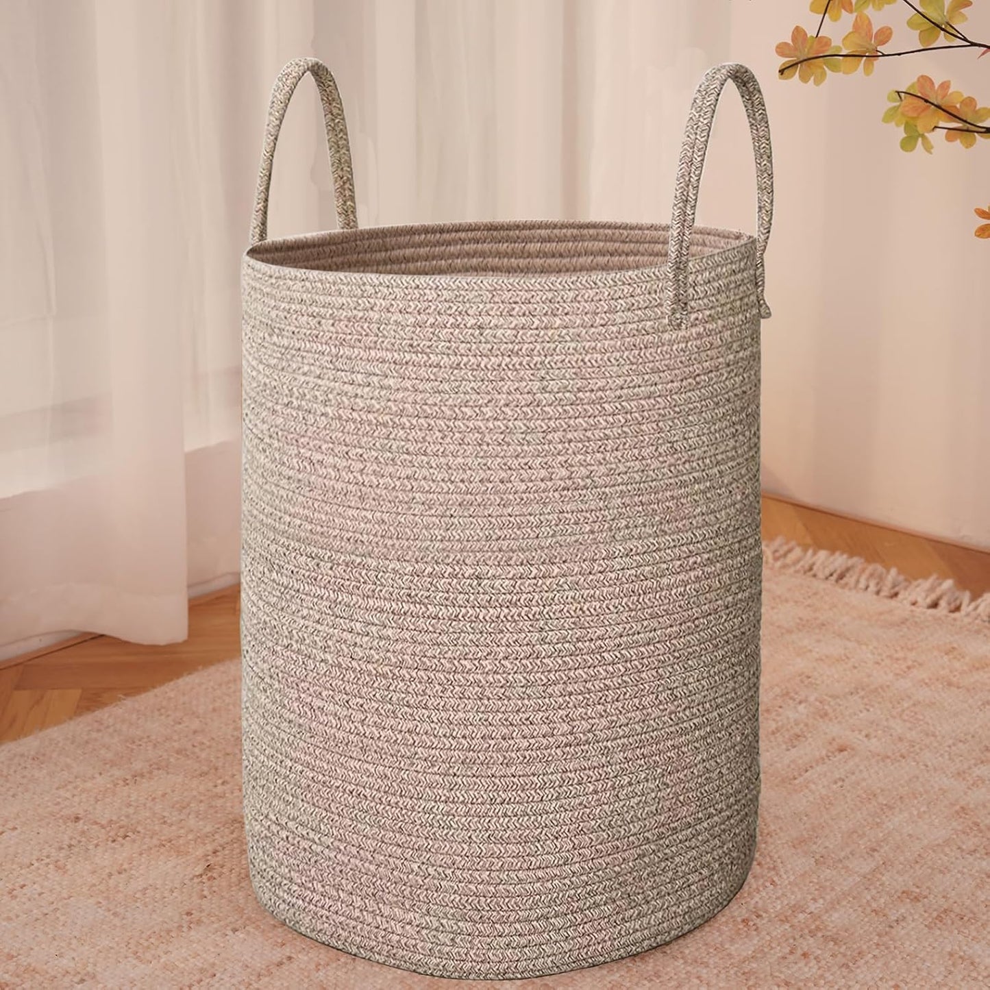 JMvicyroam Large Woven Laundry Basket Hamper,60L Cotton Rope Storage Bin for Blankets,Toys and Clothes,Decorative Tall Nursery Hamper for Living Room,Baby Nursery,Bathroom and Bedroom,Brown