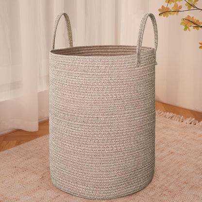 JMvicyroam Large Woven Laundry Basket Hamper,60L Cotton Rope Storage Bin for Blankets,Toys and Clothes,Decorative Tall Nursery Hamper for Living Room,Baby Nursery,Bathroom and Bedroom,Brown