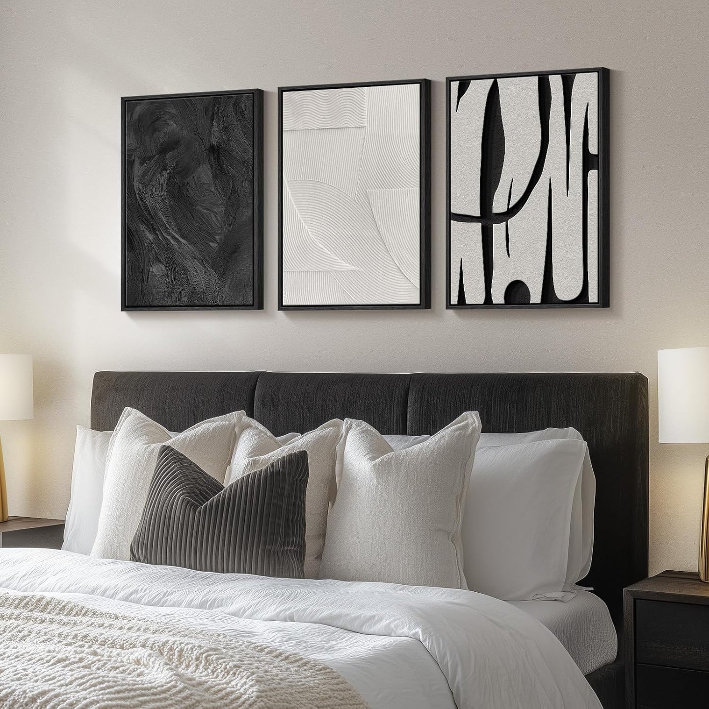 Large Framed Black and White Abstract Wall Art for Living Room, 3 Piece Big Modern Canvas Prints Paintings Artwork for Walls, Minimalist Abstract Art Pictures for Hallway, Office Wall Decor 24x36 In