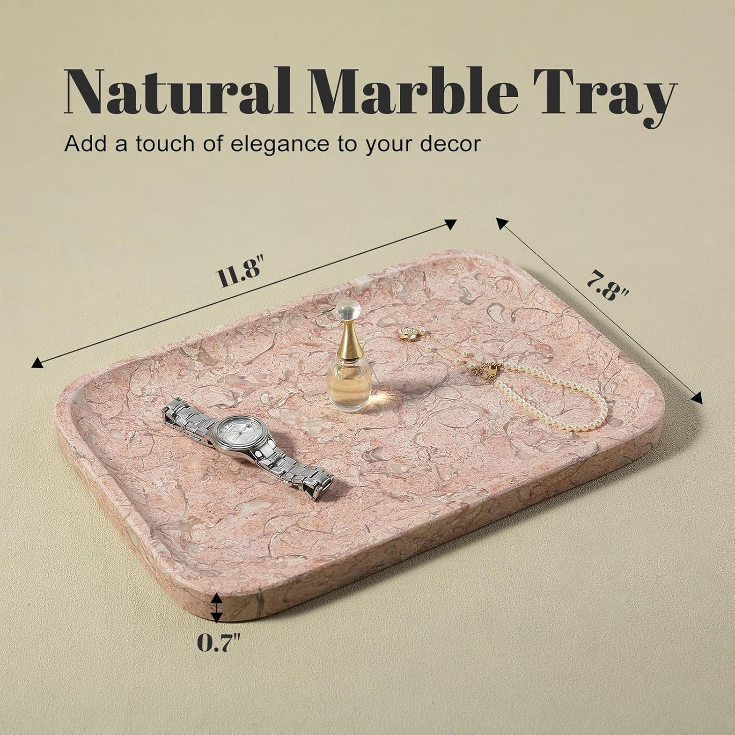 Koville Romano Travertine Tray, 12"x8" Natural Stone Vanity Tray for Countertop Bathroom Kitchen Dresser, Decorative Marble Catchall Trays for Perfume Jewelry, Rectangular Serving Tray(Beige)