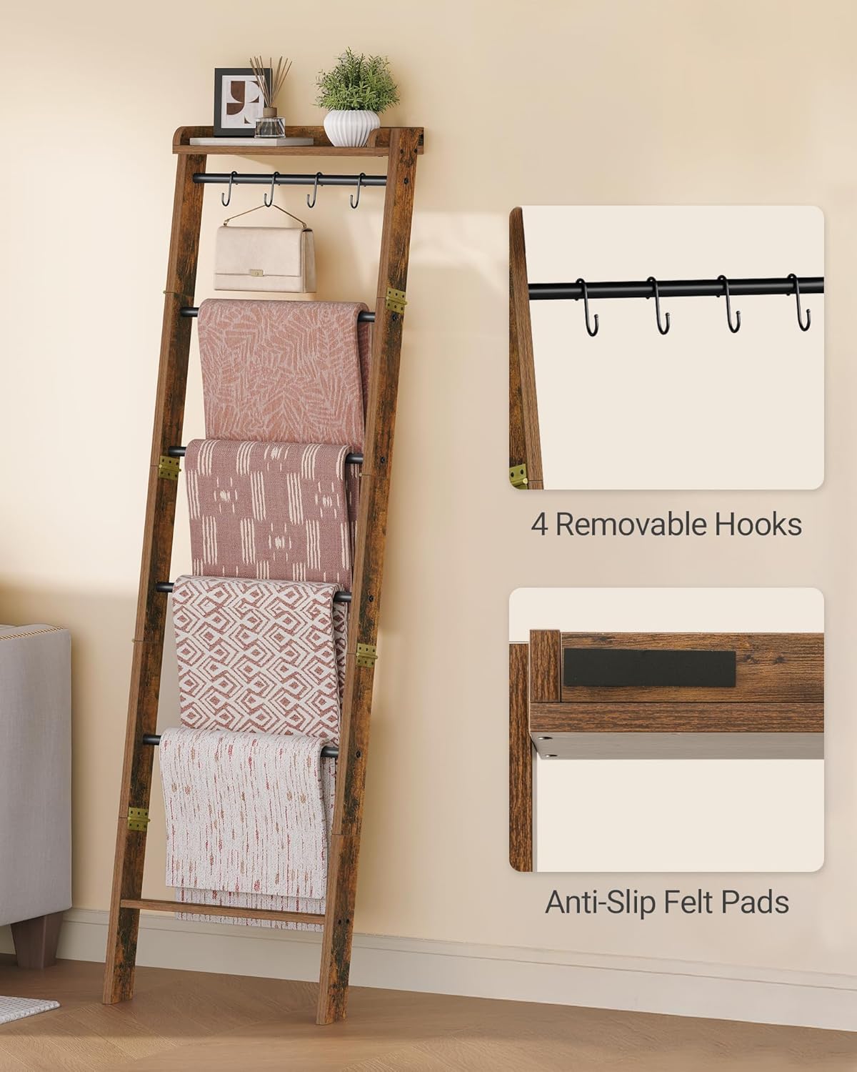 Hzuaneri Blanket Ladder Shelf, Decorative Quilt Rack, 6-Tier Farmhouse Ladder Holder Organizer with 4 Removable Hooks 7.9" D x 17.3" W x 63.4" H, Rustic Brown BR35801B