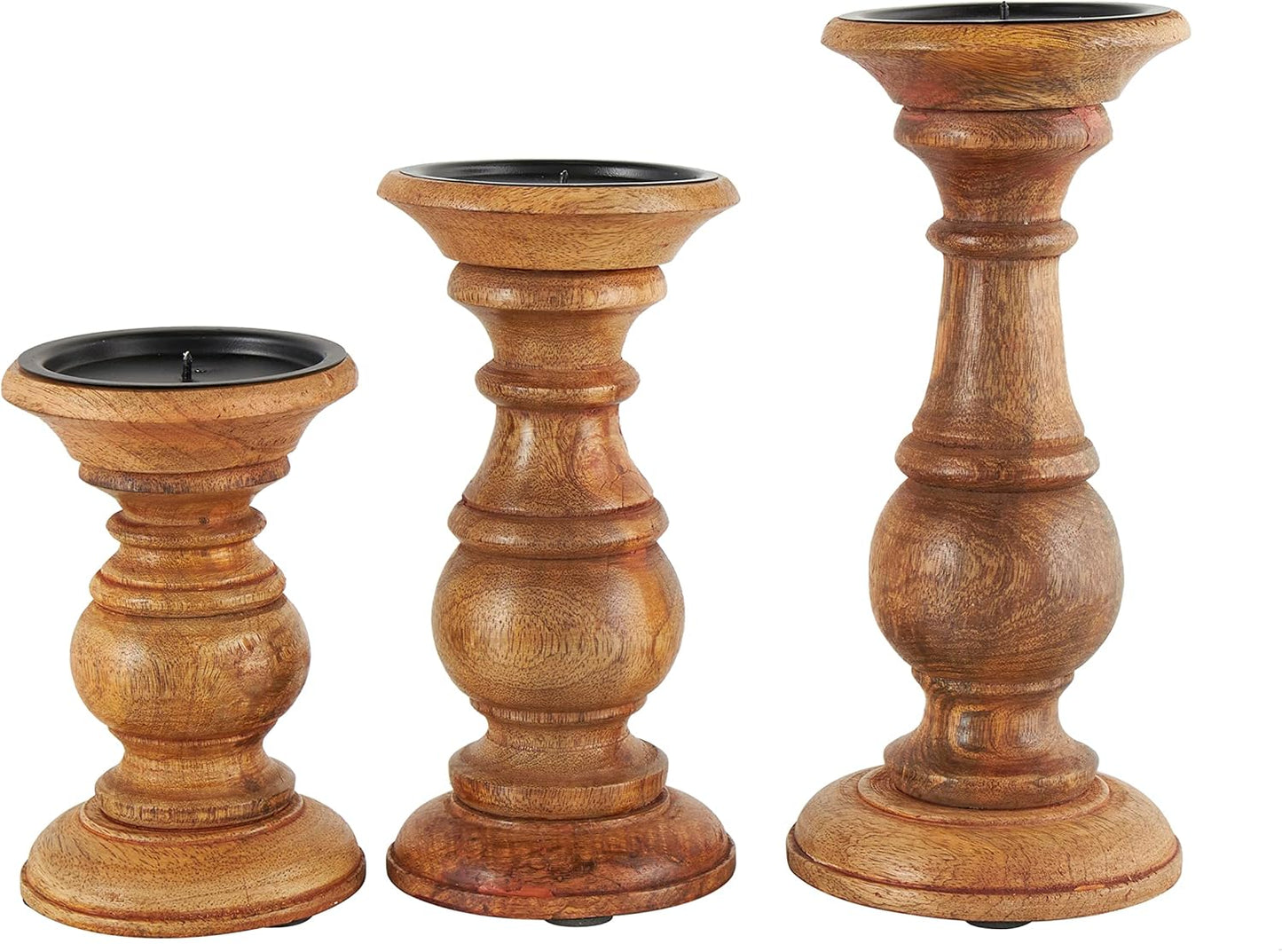 Deco 79 Mango Wood Decorative Candle Holder Distressed Turned Pillar Candle Stand, Set of 3 Candlestick Holder 6", 8", 10"H, Light Blue