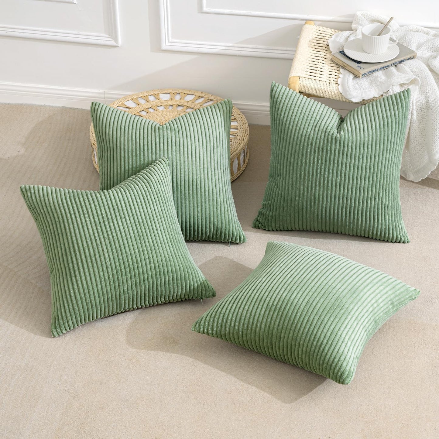 MIULEE Boho Farmhouse Sage Green Throw Pillow Covers 18x18 Inch Set of 4 Mordern Nordic Cushion Covers Soft Corduroy Spring Home Decor for Couch Bed Sofa Living Room Forest Green