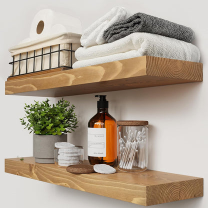 BAOBAB WORKSHOP Wood Floating Shelves for Wall Mounted, 16 inch Walnut Floating Shelf for Bathroom, Solid Wooden Wall Shelves for Kitchen Bedroom Farmhouse, Walnut Finish, 16 x 6.7, Set of 2