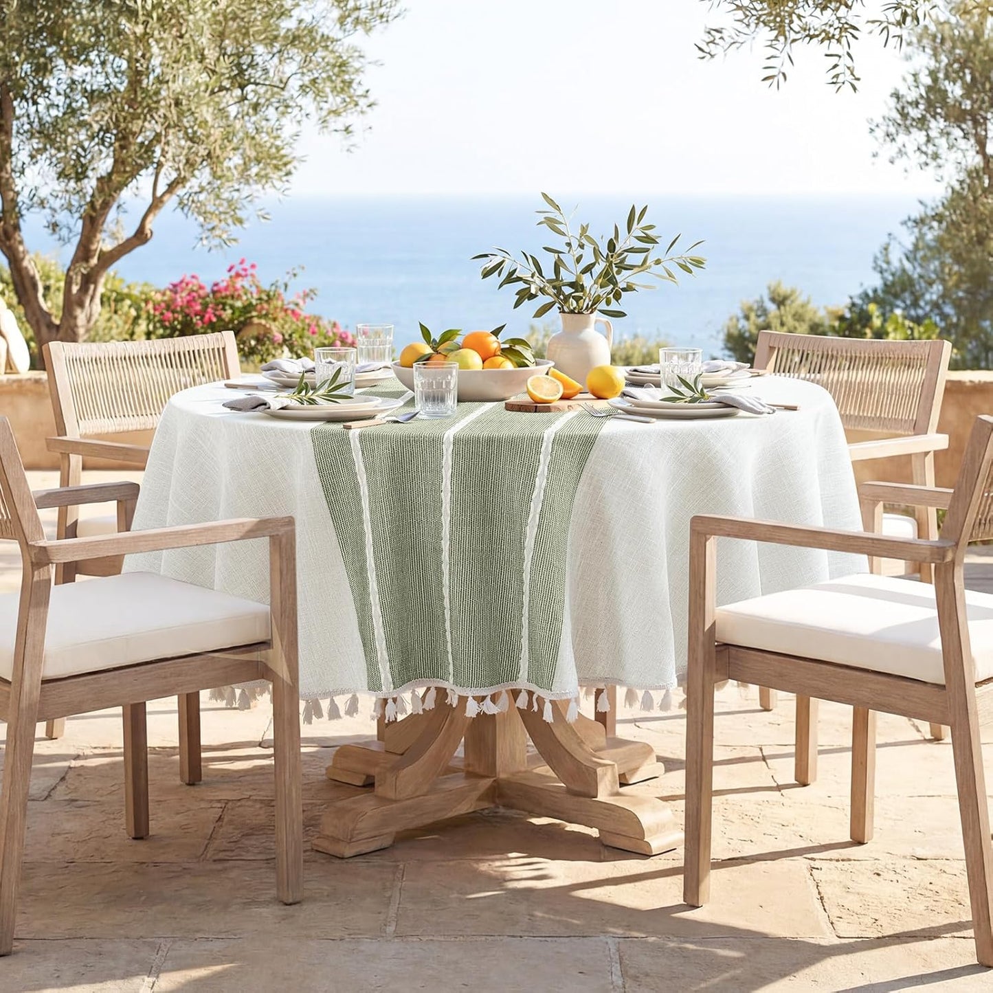 Softalker Outdoor Tablecloth Rectangle, Waterproof Linen Cotton Farmhouse Table Cloths with Tassel, Heavy Weight Wrinkle Free Boho Table Cover for Picnic Camping Dining - 55 x 70 Inch, Coffee Lines
