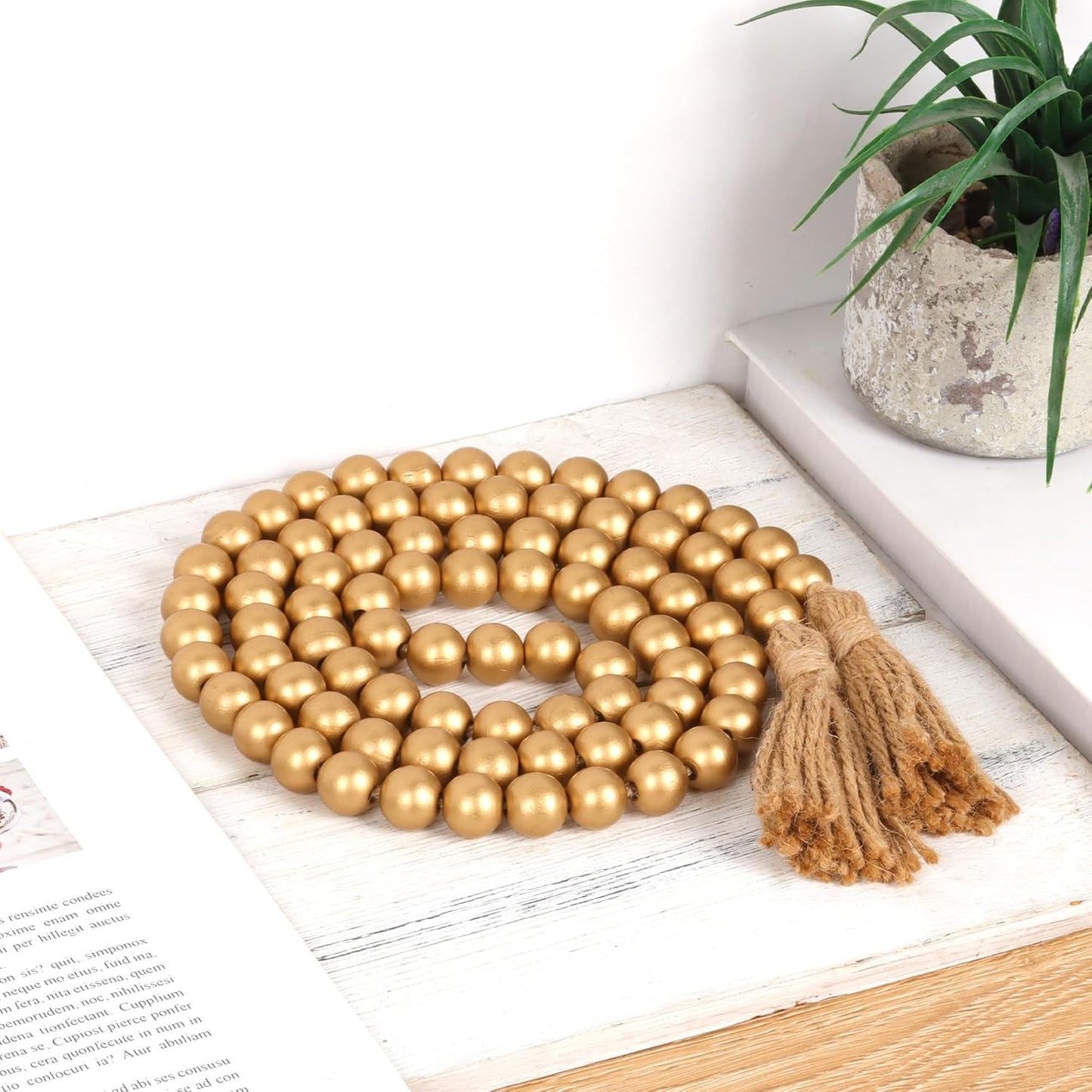 58in Wood Bead Garland with Tassels, Farmhouse Rustic Country Decor Prayer Boho Wall Hanging Decoration (Nature)