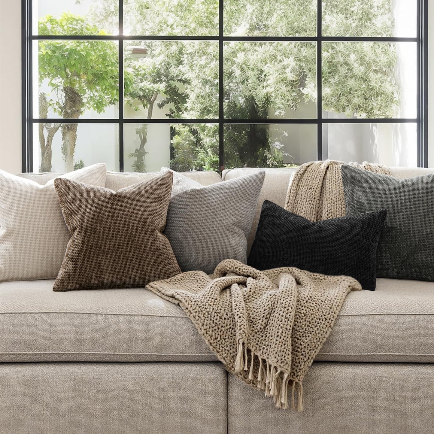 MIULEE Pack of 2 Couch Throw Pillow Covers 18x18 Inch Neutral Beige Modern Boho Accent Decorative Pillow Covers Soft Chenille Farmhouse Cushion Covers for Home Decor Bed Sofa Living Room