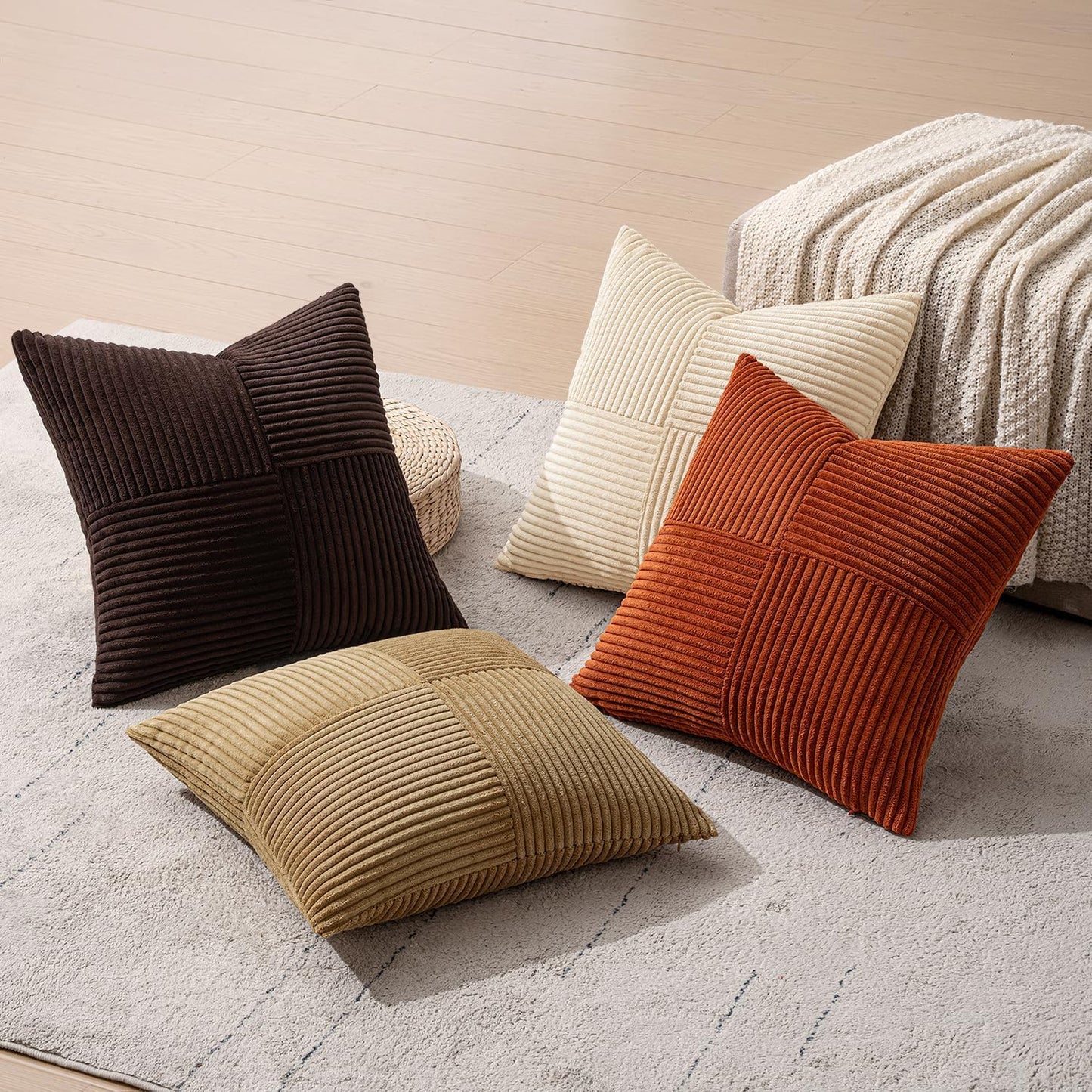 MIULEE Teal Orange Decorative Throw Pillow Covers 18x18 Inch Set of 4 Boho Corduroy Striped Cushion Cases Modern Farmhouse Patchwork Pillow Cases for Couch Sofa Bedroom Home Decor