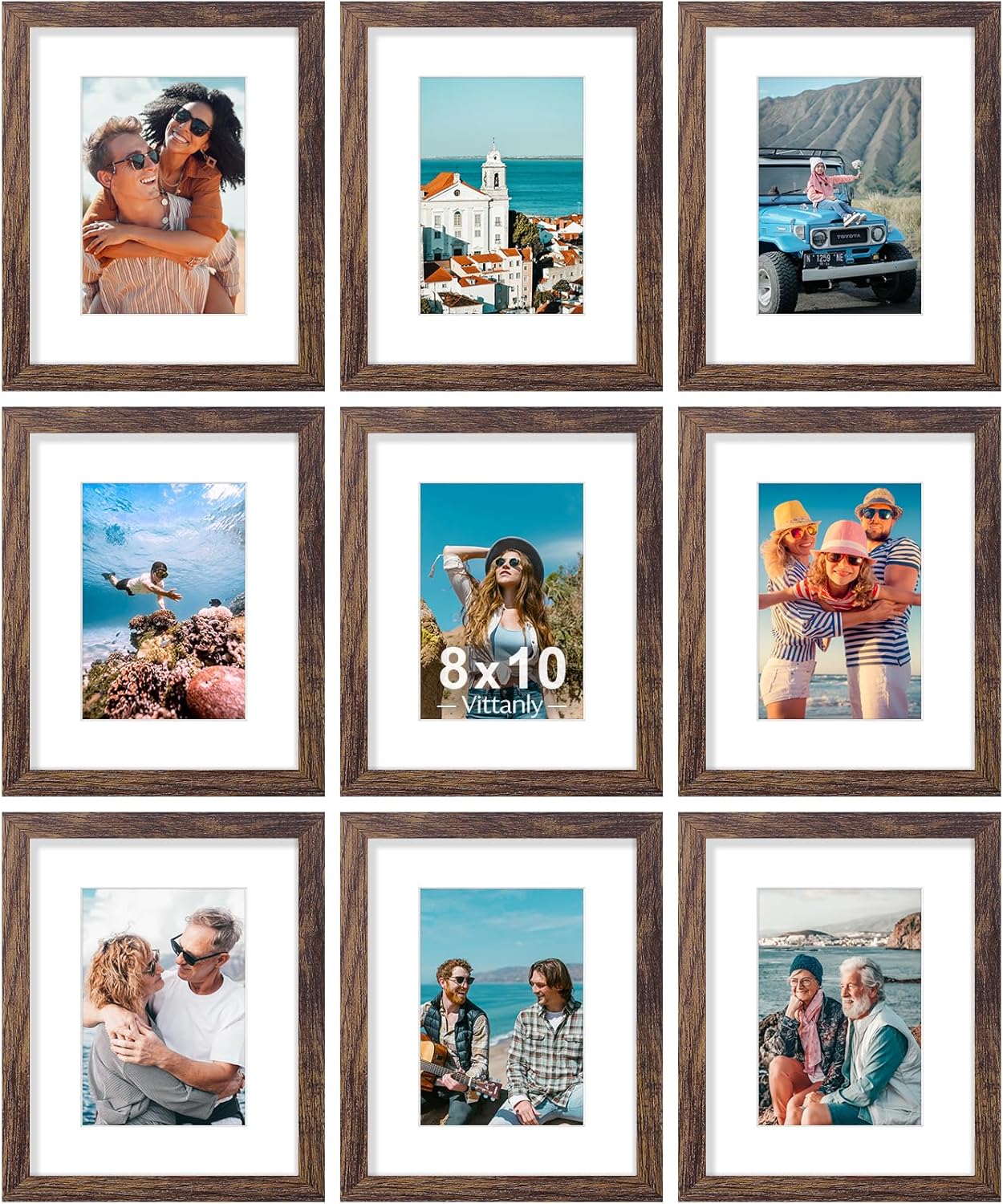 Vittanly 8x10 Picture Frames Set of 9, Shatter Resistant Plexiglass, Display 5x7 Pictures with Mat or 8x10 without Mat, Photo Frames for Wall or Tabletop, Engineered Wood, Black - Colors A