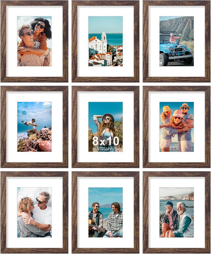 Vittanly 8x10 Picture Frames Set of 9, Shatter Resistant Plexiglass, Display 5x7 Pictures with Mat or 8x10 without Mat, Photo Frames for Wall or Tabletop, Engineered Wood, Black - Colors A