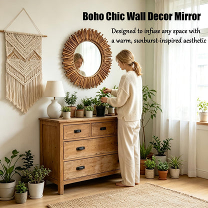 24 Inch Round Wall Mirror, Bohemian Sunburst Wall Mirror with Natural Wooden Stick Frame, Rustic Farmhouse Circle Decor Mirror for Bathroom, Bedroom, Living Room, Entryway Wall Art Decorative