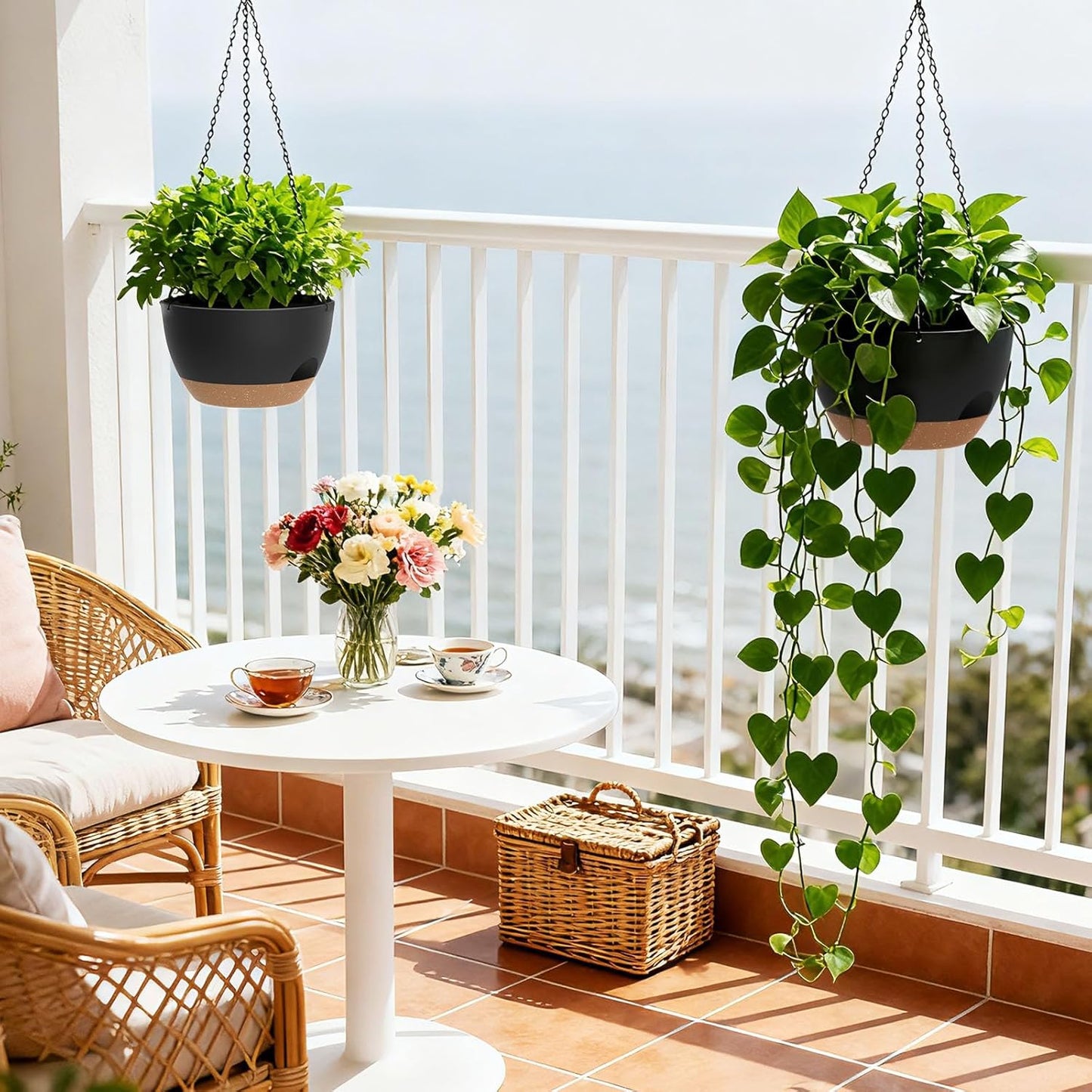 8 Inch Hanging Planters for Indoor Outdoor Plants, 4 Pack Black Plastic Self Watering Hanging Baskets with Drainage Holes and Chain for Garden Porch