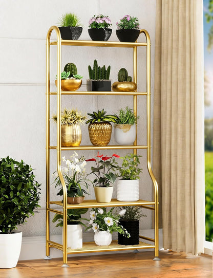 5-Tier Metal Plant Stand - Heavy Duty Indoor Outdoor Flower Shelf for Multiple Pots, 65" Tall Vertical Holder with Adjustable Leveling Feet & Wall-Fixing Kits, Black