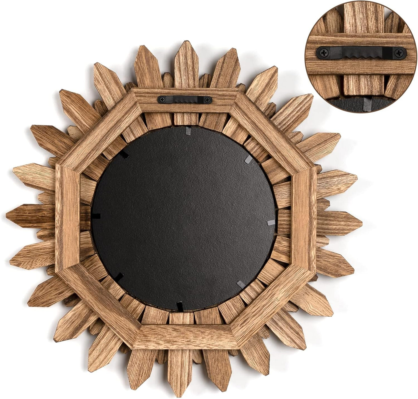 Honiway Wall Mirror Decorative 12 inch Rustic Wood Mirror Sunburst Boho Mirror for Entryway Bedroom Living Room Bathroom House Warming Gifts New Home Essential Carbonized Black