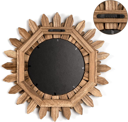 Honiway Wall Mirror Decorative 12 inch Rustic Wood Mirror Sunburst Boho Mirror for Entryway Bedroom Living Room Bathroom House Warming Gifts New Home Essential Carbonized Black