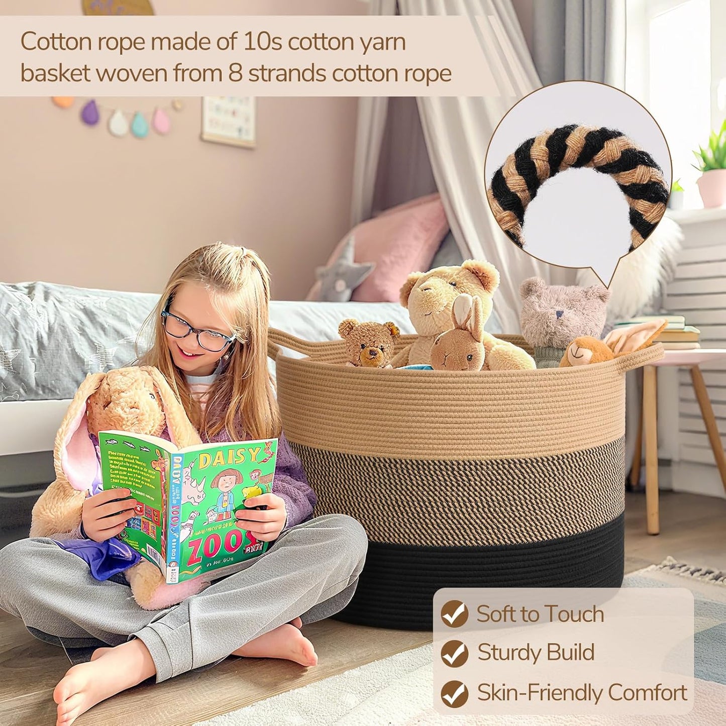 INDRESSME XXXLarge Blanket Basket for Living Room 21.7" x 21.7" x 13.8"-Storage Basket with Handle for Organizing Toy Pillows Woven Cotton Rope Laundry Basket Stuffed Animal Toy Storage for Play Room