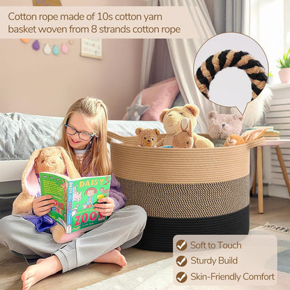 INDRESSME XXXLarge Blanket Basket for Living Room 21.7" x 21.7" x 13.8"-Storage Basket with Handle for Organizing Toy Pillows Woven Cotton Rope Laundry Basket Stuffed Animal Toy Storage for Play Room