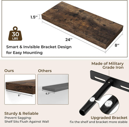 RICHFOCUS 72Inch Floating Shelves for Wall 2 Pack Shelves for Bedroom|Kitchen|Bathroom Wall Mounted Rustic Wood Floating Shelf with Invisible Brackets for Books|Storage|Decor, Rustic Brown