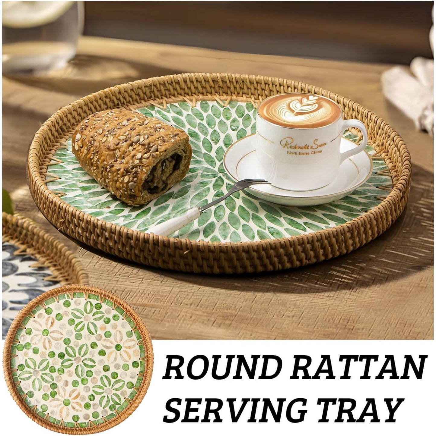Round Rattan Tray with Mother of Pearl Inlay, Decorative Wicker Serving Tray with Wooden Base, Woven Basket Trays for Bread Fruits Coffee, Leaf