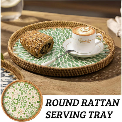 Round Rattan Tray with Mother of Pearl Inlay, Decorative Wicker Serving Tray with Wooden Base, Woven Basket Trays for Bread Fruits Coffee, Leaf