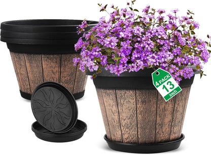 Quarut 3 Pack 10 inch Plant Pots,Whiskey Barrel Planters with Drainage Holes & Saucer, Plastic Decoration Flower Pots Imitation Wine Barrel Design, for Indoor & Outdoor Garden Home Plants (Brown)