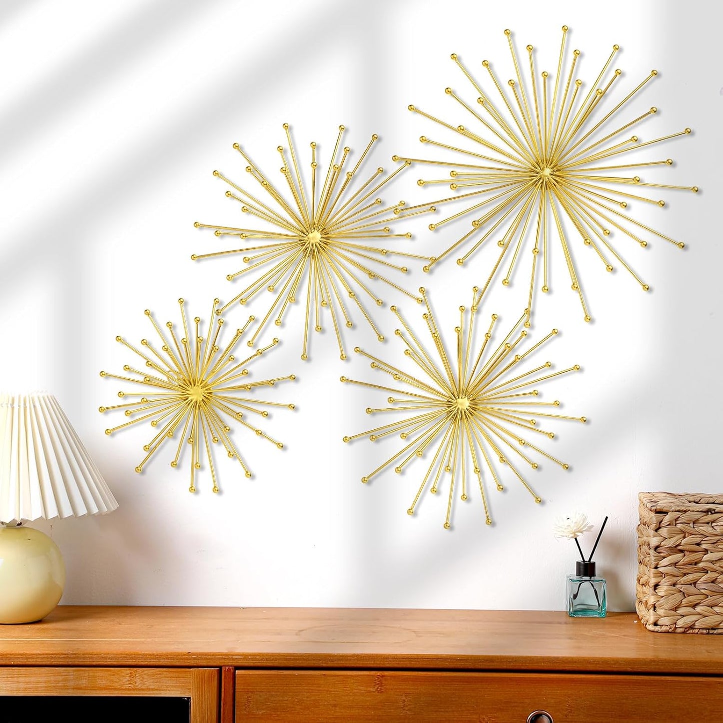 Shimeyao 4 Pcs Metal Starburst Wall Decor Black Metal Wall Art 3D Spike Bling Finish Star Burst Hangings Accents Sculptures Set Modern Mid Century Decorations for Living Room Bedroom Entryway