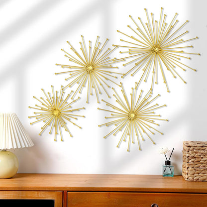 Shimeyao 4 Pcs Metal Starburst Wall Decor Black Metal Wall Art 3D Spike Bling Finish Star Burst Hangings Accents Sculptures Set Modern Mid Century Decorations for Living Room Bedroom Entryway