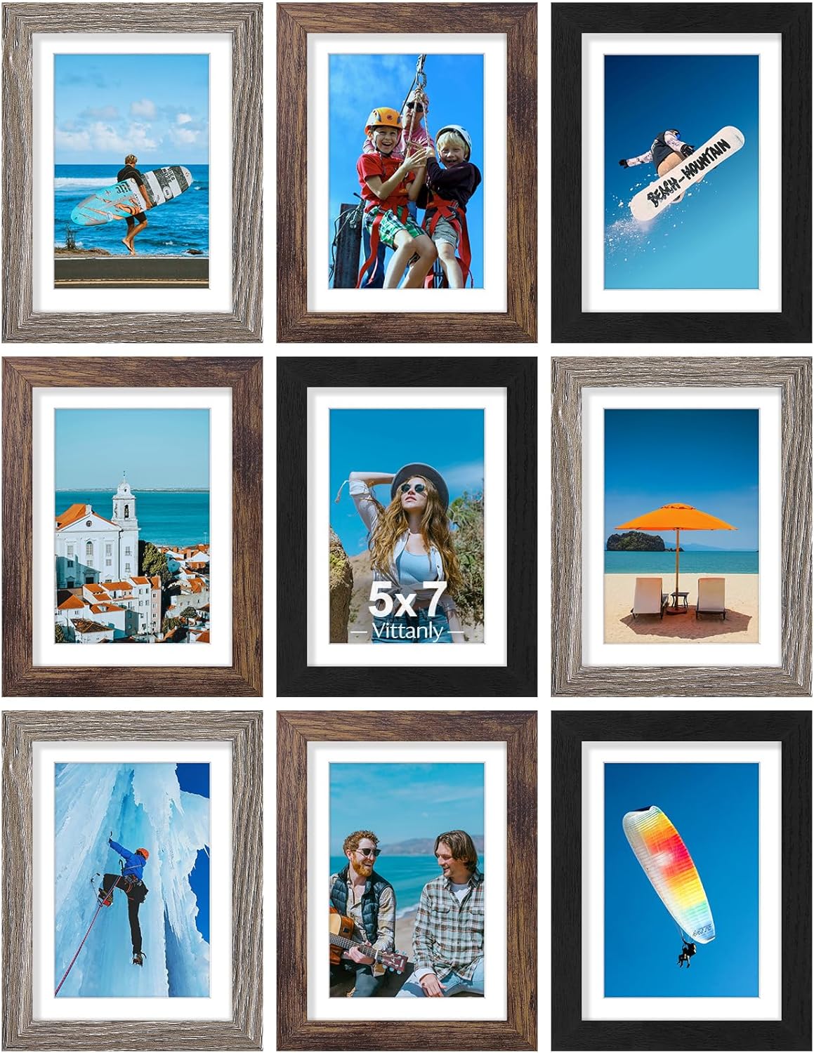 Vittanly 8x10 Picture Frames Set of 9, Shatter Resistant Plexiglass, Display 5x7 Pictures with Mat or 8x10 without Mat, Photo Frames for Wall or Tabletop, Engineered Wood, Black - Colors B