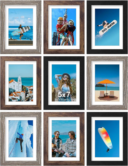 Vittanly 8x10 Picture Frames Set of 9, Shatter Resistant Plexiglass, Display 5x7 Pictures with Mat or 8x10 without Mat, Photo Frames for Wall or Tabletop, Engineered Wood, Black - Colors B