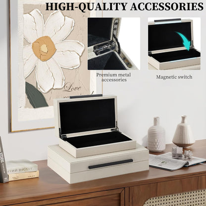 Set of 2 Shagreen Decorative Box, Modern Faux Leather Beige Decorative Storage Boxes with Lids and Metal Handles, Jewelry & Memory Box for Home, Office Decor (Beige+Gold Handles)