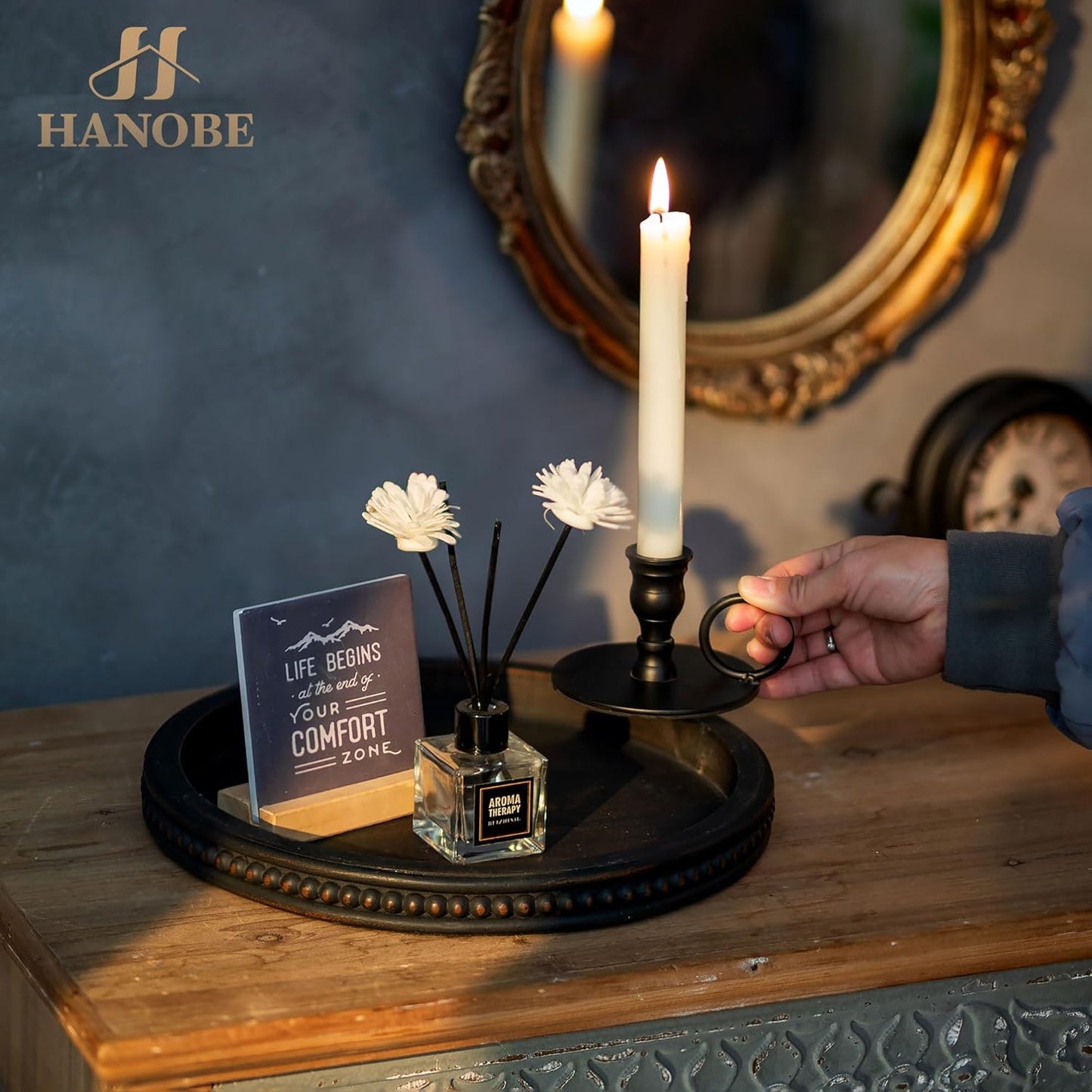 Hanobe Round Wooden Decorative Tray: White Washed Bead Tray Decor for Coffee Table Centerpiece Rustic Farmhouse Tray for Kitchen Counter Living Room Decoration