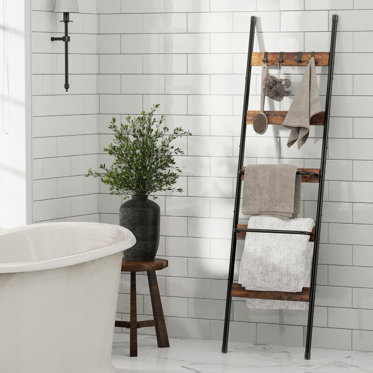 Blanket Ladder, 5-Tier Towel Holder with 4 Removable Hooks, Farmhouse Wall Leaning Decorative Rack Shelf, Wooden Towel Display Rack, Quilt Ladder for Living Room, Bedroom, Rustic Brown
