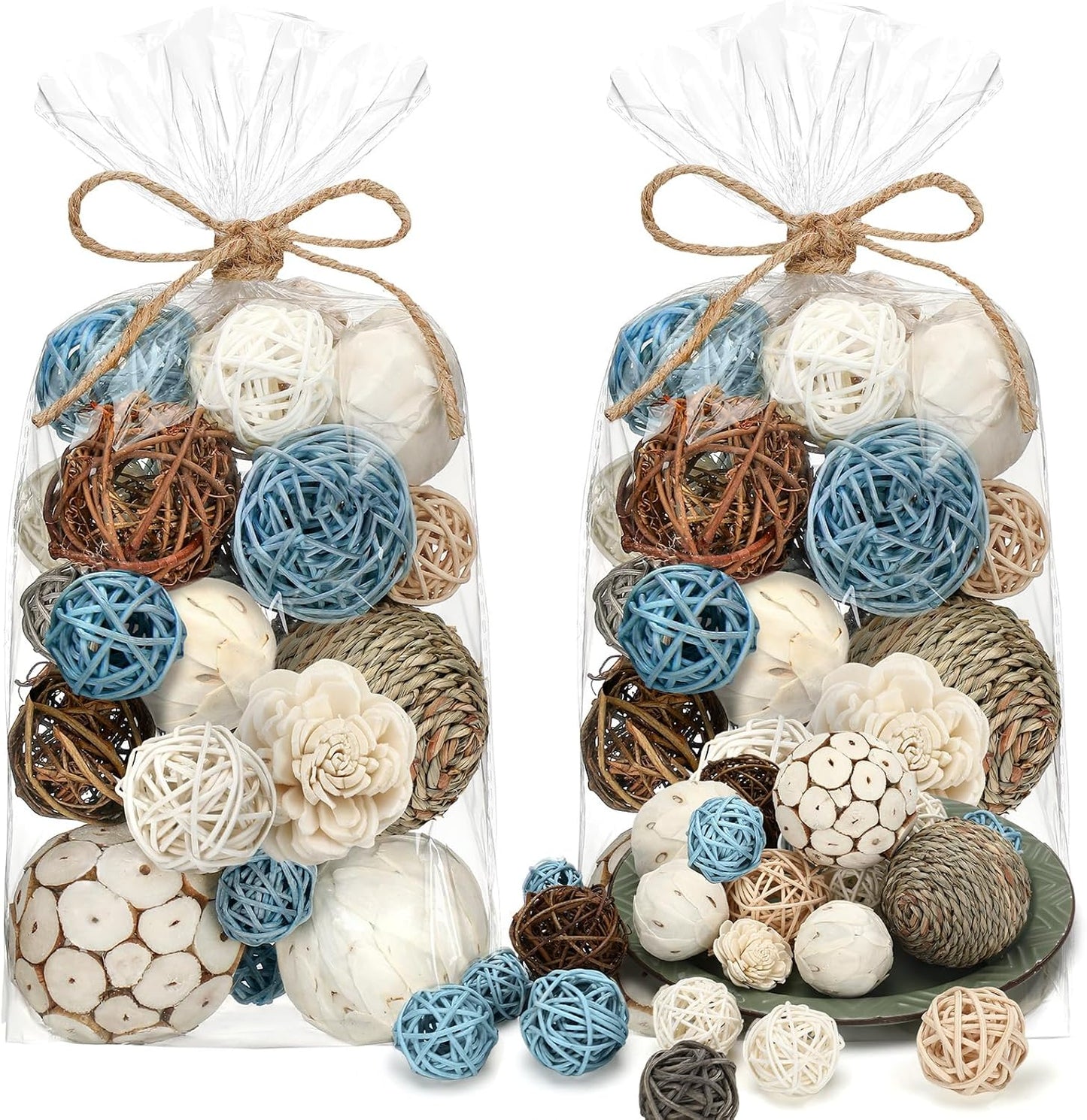 Riceshoot 2 Pack Decorative Balls Potpourri Bowl Filler Decor Natural Vase Bowl Filler Assorted Spherical Rattan Twigs Wicker Balls Cotton for Home Centerpiece(White)